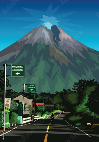 Mount Merapi landscape Yogyakarta vector for background design.