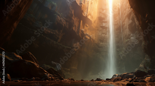 Sunlight shining down into a cave with a high waterfall. Generative AI.
