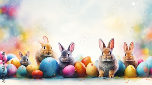Happy Easter background banner panorama greeting card, colorful rabbits. Generative AI.