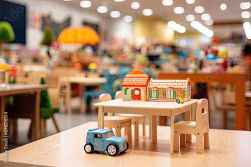 Wood table top with kids toy in shopping mall blur background