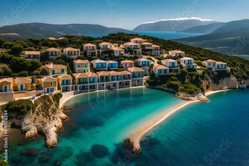 **view of houses overlooking coastline, sea and hills near agkonas, kefalonia, lonian islands, greek islands, greece. 