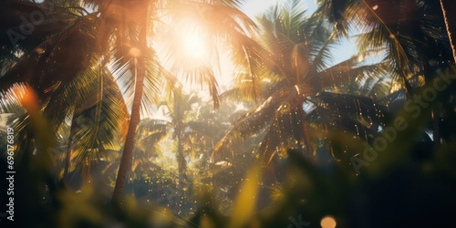Amidst the palm trees with sunlights shimmering and creating a defocused blur effect