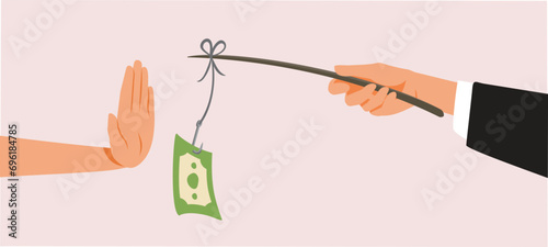 Hand Saying No to Bribe Money Vector Cartoon Illustration. Person staging a failed flagrant of offering dirty money bribery 