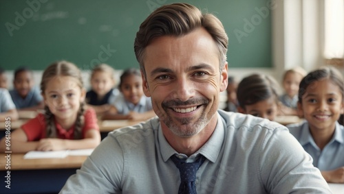 Portrait of a school teacher with his students in the classroom, pleasant atmosphere and moment of happiness. Generative AI.
