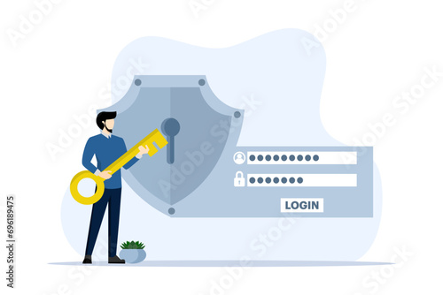 Account security concept, businessman holds key to access security system that protects user account data and password for login. account information and password. flat vector illustration.