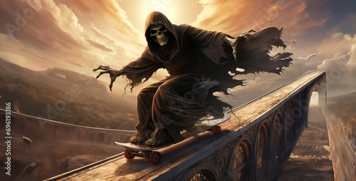 the grim reaper grinding on a rail with a skateboard