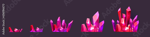 Clusters of pink shining gemstone crystals for game level rank ui design. Cartoon rpg assets of growing pile of bright diamond raw material rocks. Vector illustration of mining treasure and jewel.