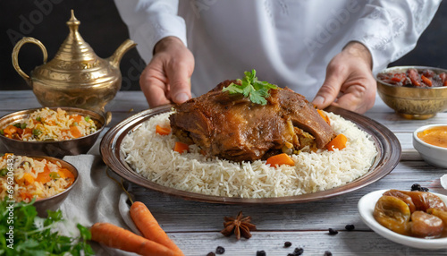 Kabsa close-up, rice and meat dish, saudi arabia national traditional food. Muslim family dinner, Ramadan, iftar. Arabian cuisine. Religious holiday, holy month.