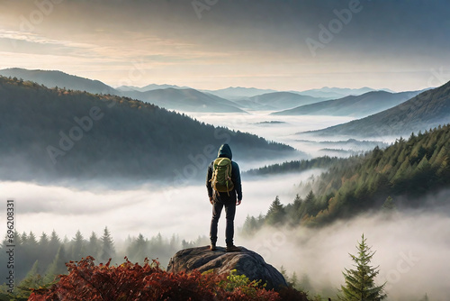 Forest, fog, mountains in the distance, man in the sport hood standing looking back to the deep fog inside the forest.