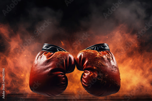 Wide poster of hot fighting boxing gloves with copyspace on both sides