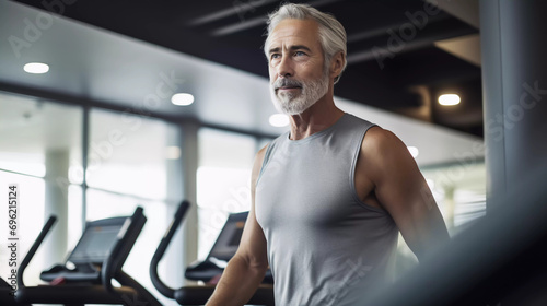 Mature man walking on a treadmill at the gym 