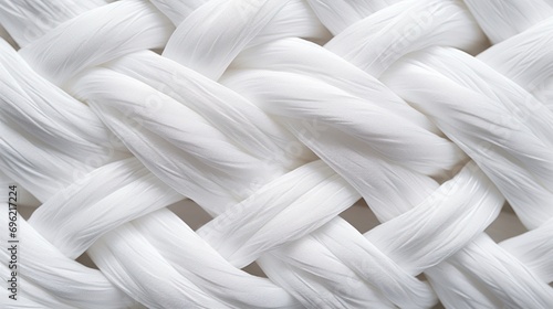 Close-up of white cotton fabric interlaced fiber macro, white synthetic cotton threads background, macro photography of white synthetic material,