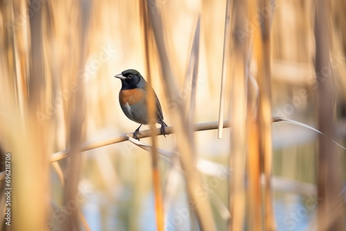 sunlit blackbird amid shadowed reeds