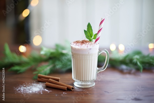 close-up of cocoa with peppermint stick stirrer