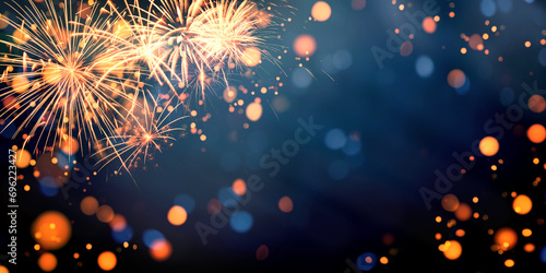 Gold and blue Fireworks and bokeh in New Year eve and copy space. Abstract background holiday.