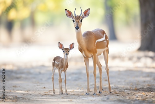 baby impala standing beside its mother