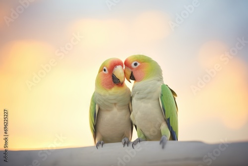 lovebirds in a gentle peck facing sunset sky