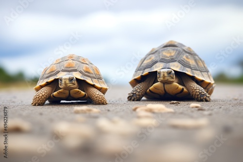 tortoise overtaking another on a sandy path