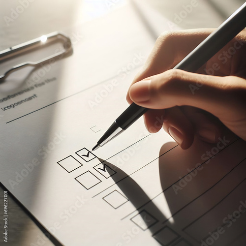 Filling a paper form and checking checkbox concept, closeup of a pen, gibberish blurred text