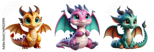 Set of Cute 3D Dragon Clipart Designs: Kawaii 3D Illustrations Isolated on Transparent or White Background