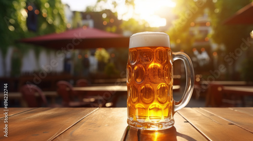 Glass of chilled beer on table and blurred street cafe background