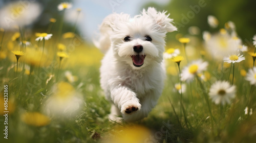 A cheerful cute white dog plays in a dandelion field in spring. Active spring and summer holidays