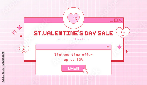 Happy Valentine's Day Sale Banner with Old Computer Elements, Windows and Cute Groovy New Year Decorations. Heart Shaped Gift Box Pattern.