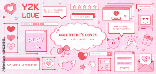 Set of Valentine's Day Y2K Window, Notification, Dialogue Box, Heart, Envelope, Button, Cursor, Rating, Searching, and Volume bars. Love-Themed 2000s Interface in Groovy Vaporwave 90s Aesthetics. 