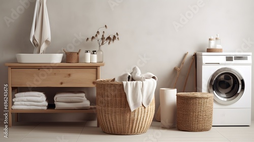 Stylish interior of modern restroom with wicker laundry basket