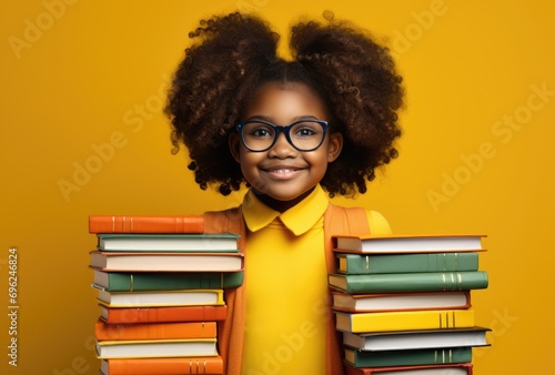 African American girl with glasses holds a stack of books
