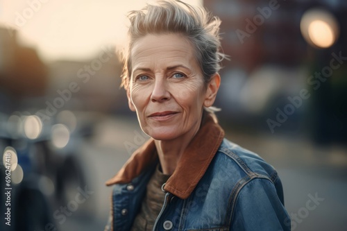 Portrait photography senior woman outdoor. Adorable lady with short hairstyle outside. Generate ai
