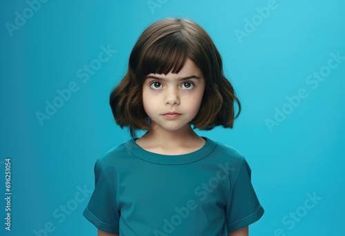 A little girl with curly hair, wearing a blue shirt and looking straight ahead, possibly into the camera.