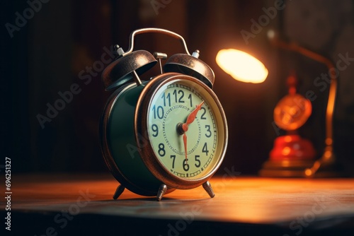 Retro round morning alarm clock. Vintage classic ringing time watch. Generate ai