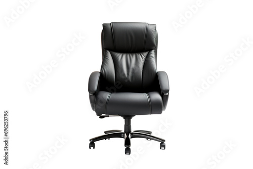 an actual black mid-back leather chair with a comfortable backrest and cushion, a fixed armrest, white background PNG