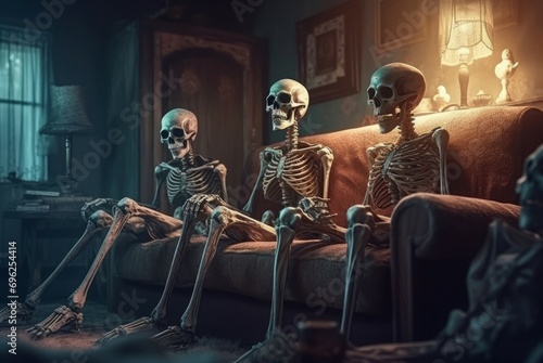 Silhouettes sitting couch light. Scary skeleton friends huffing and puffing room. Generate AI