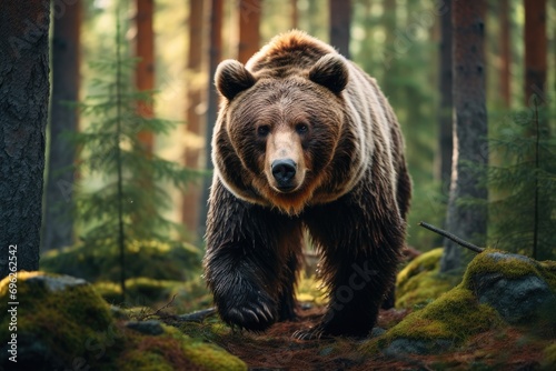 Brown bear in the forest. Dangerous animal in the forest. Wildlife scene, A brown bear in the forest, depicted in a close-up view of a wild animal, AI Generated
