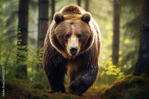 Brown bear in the summer forest. Natural scene. Scientific name: Ursus Arctos, A brown bear in the forest, depicted in a close-up view of a wild animal, AI Generated