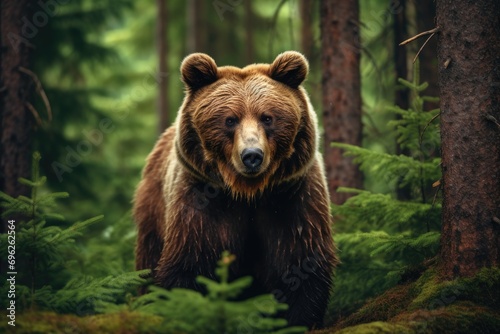 Brown bear in the forest at sunset. Portrait of a wild animal, A brown bear in the forest, depicted in a close-up view of a wild animal, AI Generated