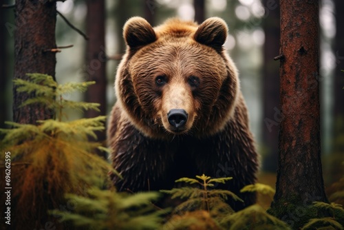 Brown bear in the forest at sunset time. Scientific name: Ursus arctos, A brown bear in the forest, depicted in a close-up view of a wild animal, AI Generated