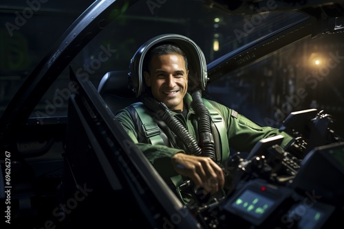 Portrait of a smiling pilot sitting in a helicopter cockpit at night