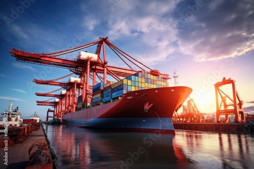 Container Cargo freight ship with working crane bridge in shipyard for Logistic Import Export background, A container cargo freight ship with a working crane bridge forms an import, AI Generated