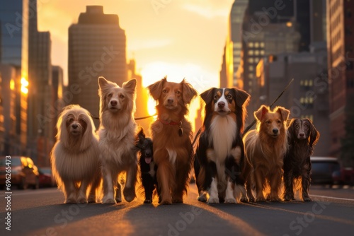 A group of Australian Shepherd dogs walking in the city at sunset, A group of dogs enjoys a sunset stroll in the city, featuring dachshunds and a spaniel, AI Generated