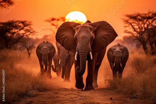 Elephants in Chobe National Park, Botswana, Africa, A herd of elephants walking across a dry grass field at sunset with the sun setting in the background, AI Generated