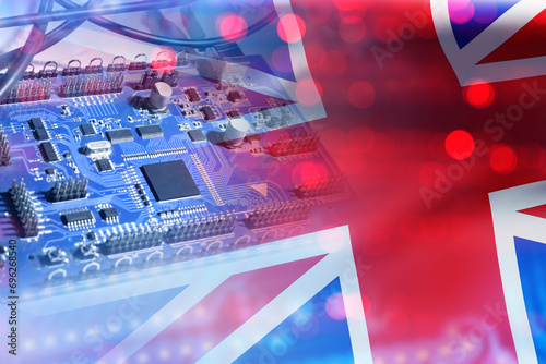 PCB close up. UK flag and PCB production equipment. Symbol of United Kingdom. Concept buying types from UK. Manufacture electronic components in factory in England. Chip PCB manufacturing plant in UK