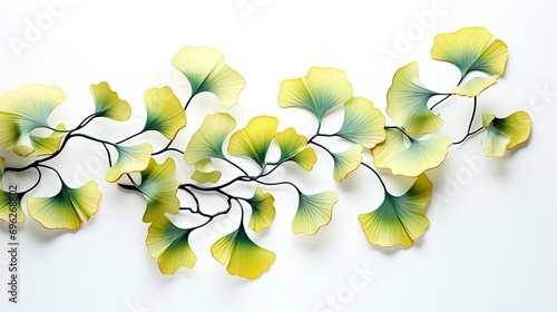 On a white backdrop, gingko biloba foliage, green, yellow, herbal, copy space, Generative AI.