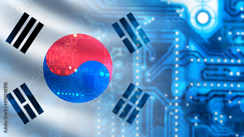 Microelectronics industry South Korea. Microchip under magnifying glass. PCB made in South Korea. Digital board. Microchip made in Seoul factory. South Korea flag. Microchip export concept. 3d image