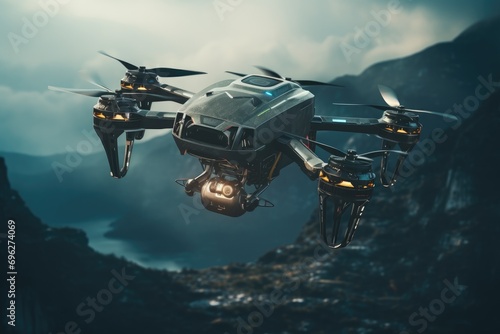 Futuristic flying over a mountain, drone quadcopter with digital camera Ai generated