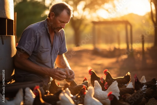 Farmer feeding a flock of free range chickens at dawn, in a rustic farmyard setting