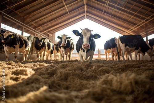 Dairy cows in a sunlit barn, cow looking towards camera amidst a herd on the hay-covered floor