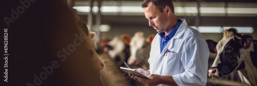 Veterinarian inspecting dairy cows in a modern barn, focused on animal health and welfare